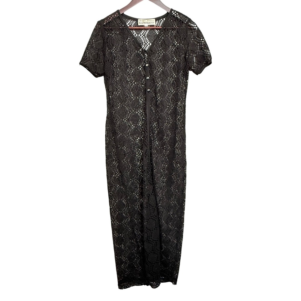Geary Roark Kamisato Black Crochet Maxi Cardigan Sheer Button Front Boho Y2K M